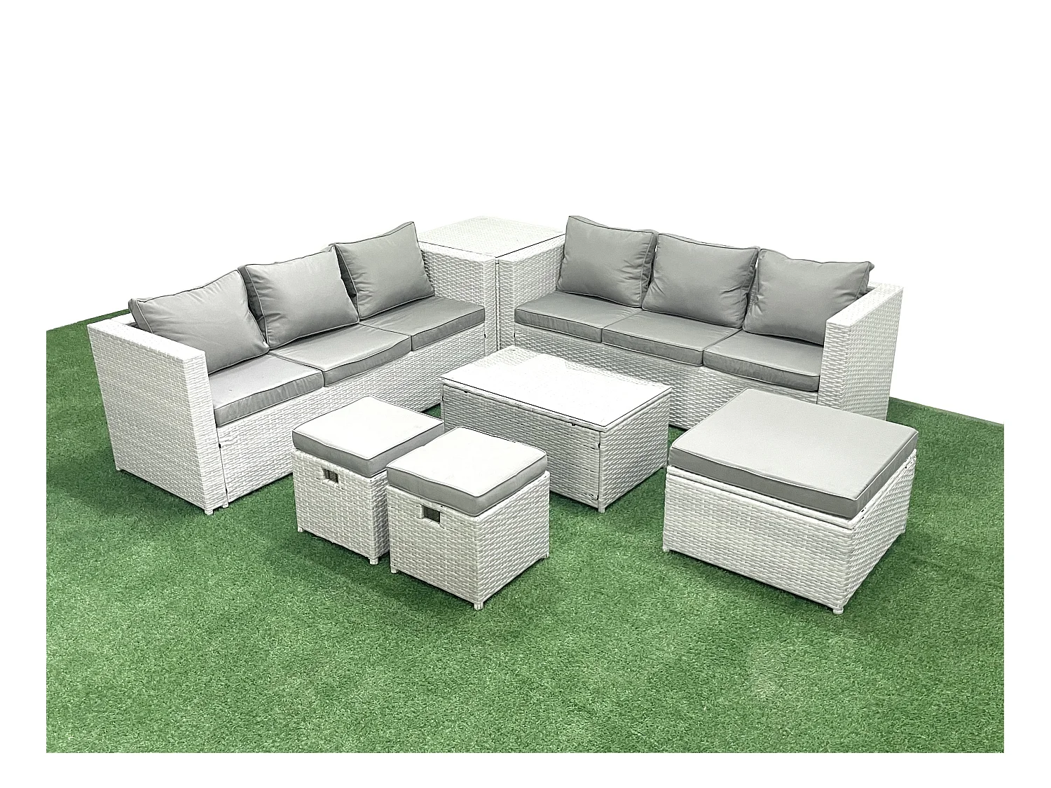 Garten Polyrattanmöbel Set 9-Sitzer Rattan Garten Sofa Set mit 3 Hockern Beistelltisch Hellgrau gemischt