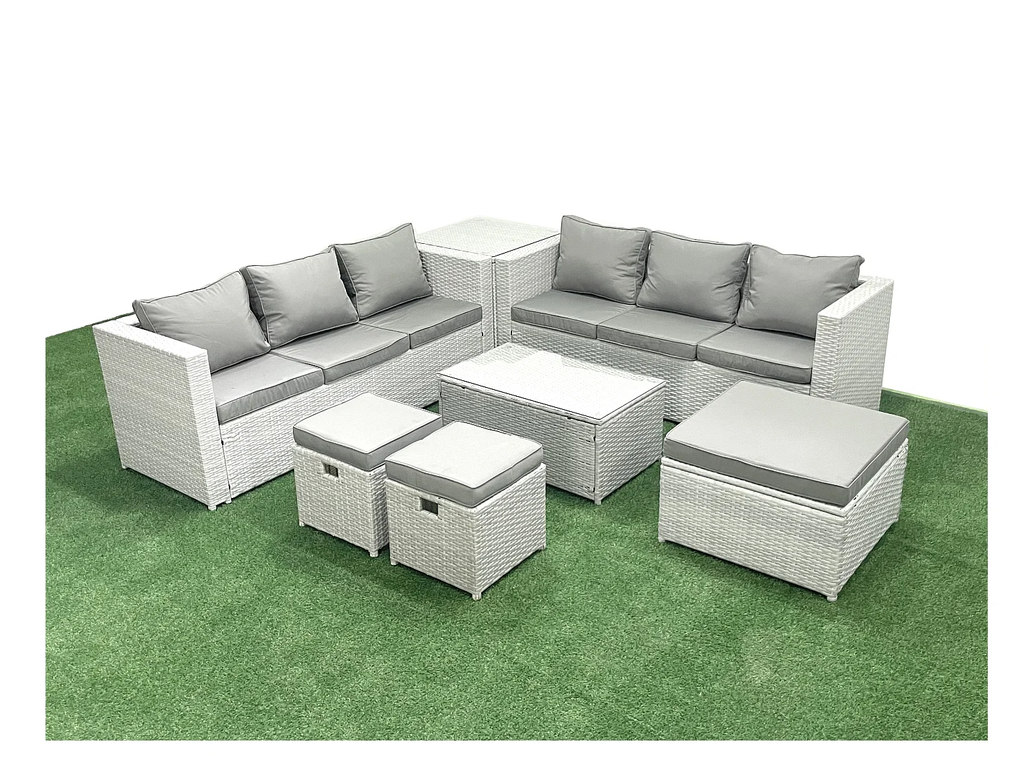 Garten Polyrattanmöbel Set 9-Sitzer Rattan Garten Sofa Set mit 3 Hockern Beistelltisch Hellgrau gemischt