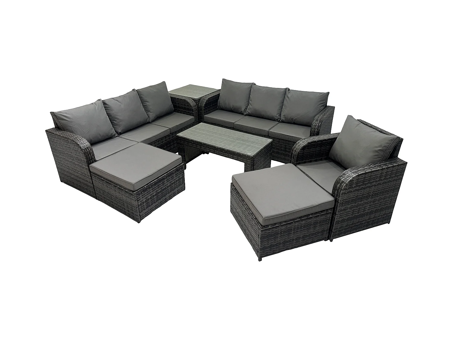 Ensemble de canapés en rotin 9 places Salon de jardin avec Table basse rectangulaire 2 Grand tabourets Canapé 3 places Table d'appoint Gris foncé mixte