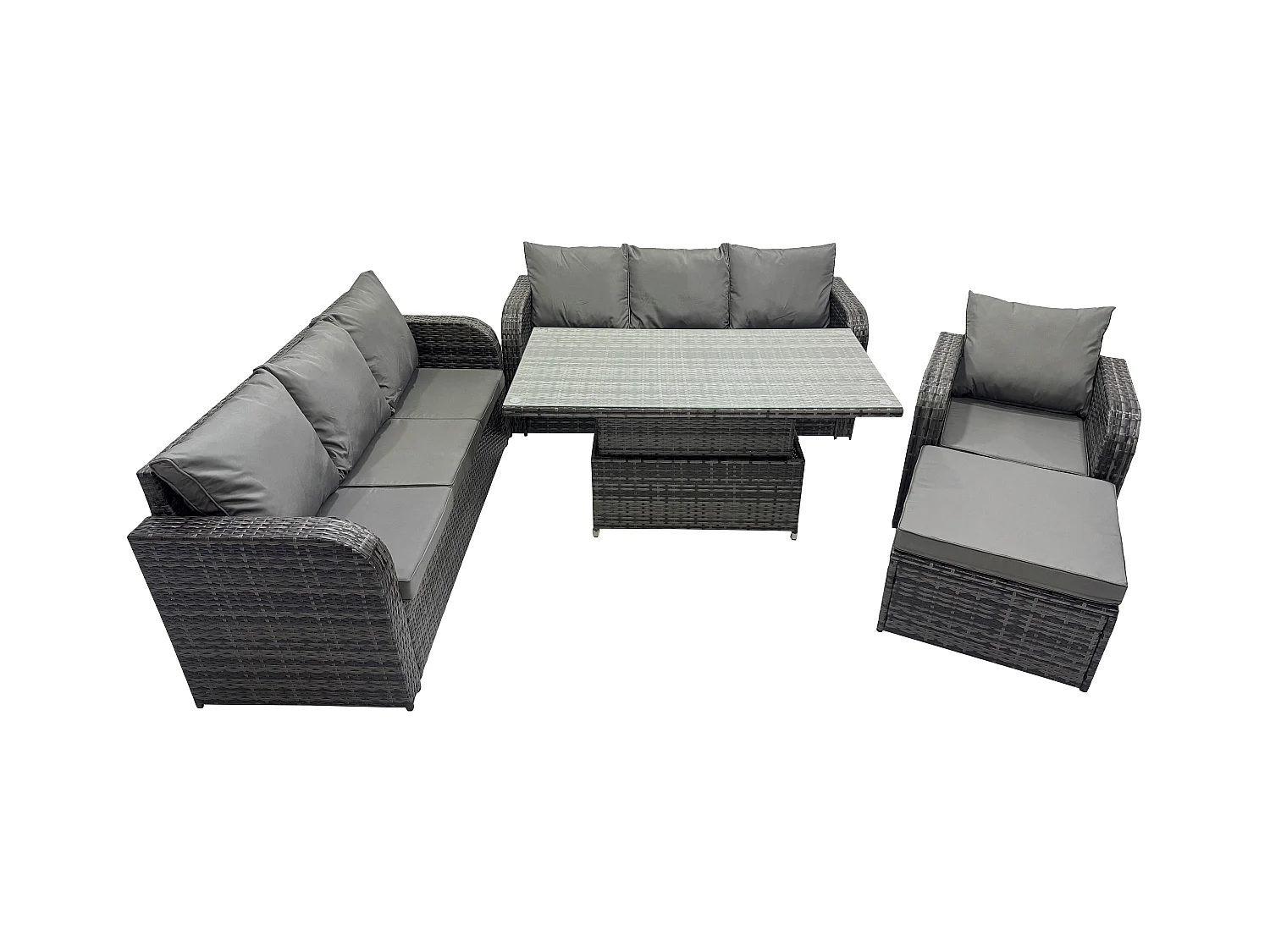 8 places Salon de jardin Table à manger réglable en hauteur Canapé avec Chaise inclinable Grand tabouret Gris foncé mixte