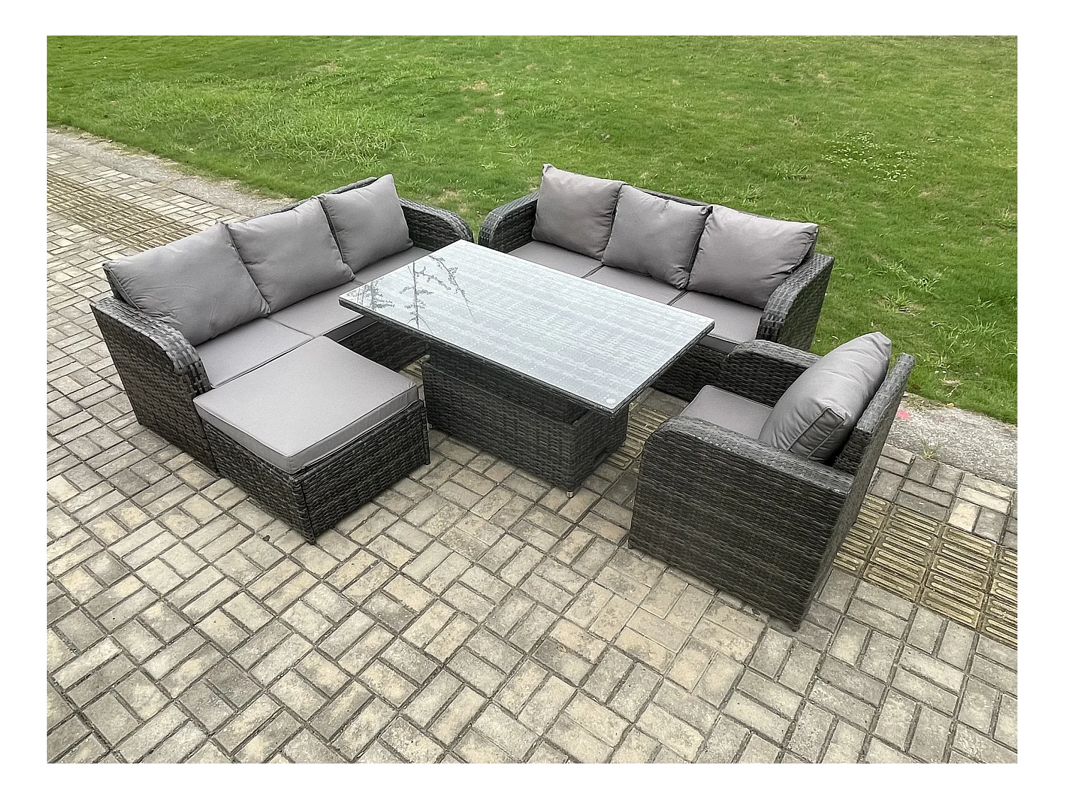 8 places Salon de jardin Table à manger réglable en hauteur Canapé avec Chaise inclinable Grand tabouret Gris foncé mixte