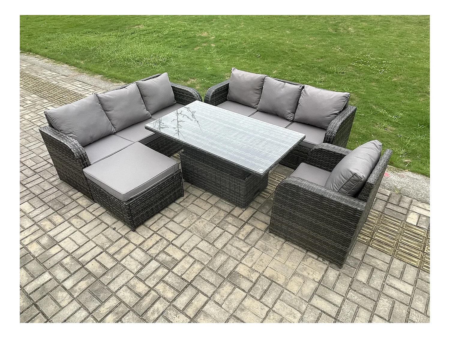 8 places Salon de jardin Table à manger réglable en hauteur Canapé avec Chaise inclinable Grand tabouret Gris foncé mixte