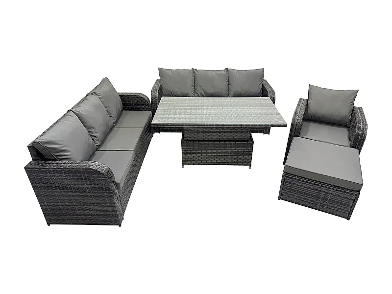 8-Sitzer Outdoor Polyrattan Gartenmöbel Sets höhenverstellbarer Tisch Sofa Set mit Liegestühle 2 Großer Hockern Dunkelgrau Gemischt