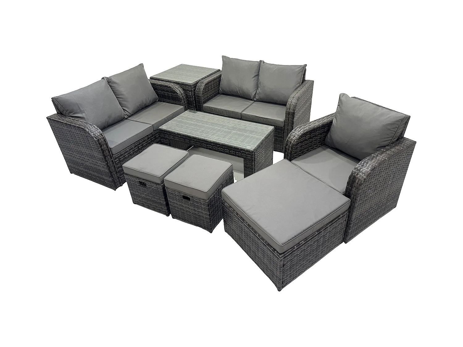 8-Sitzer Rattan Gartenmöbel Sofa Set Tisch & Stühle Set mit Beistelltisch 3 Hockern Dunkelgrau Gemischt