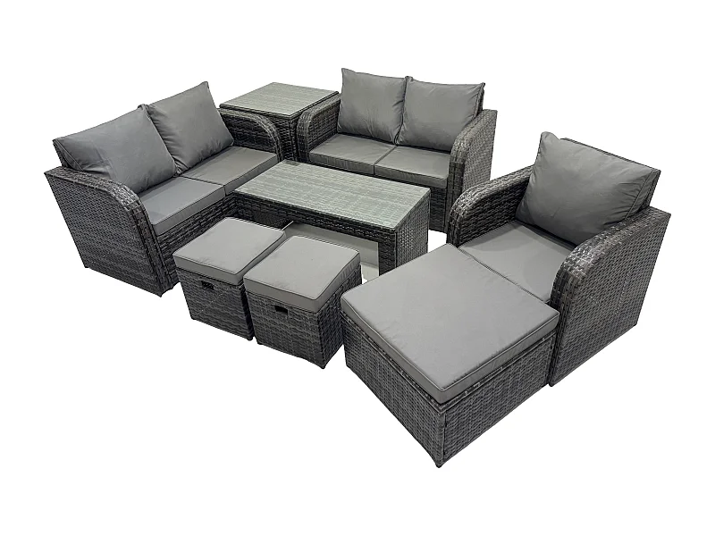 8 places Ensembles de salon de jardin avec Table d'appoint 3 Tabourets Gris foncé mixte