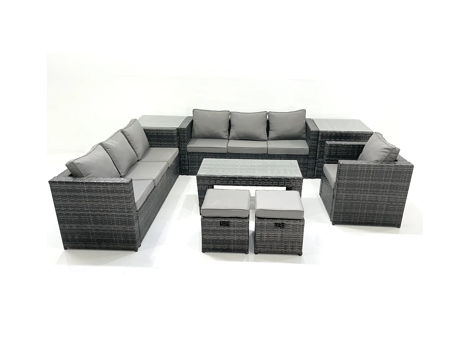 Salon de jardin Ensemble 9 places avec Dessus en verre Table basse 2 Petits tabourets 2 Tables d'appoint