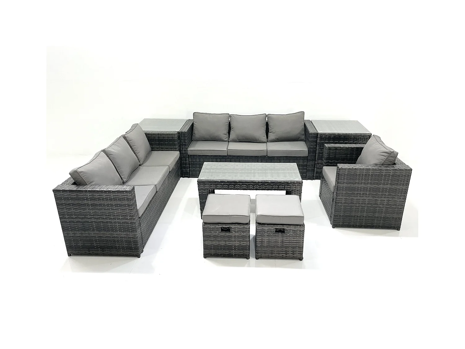 Polyrattan Gartenmöbel Set Outdoor 9-Sitzer Garten Sofa Sets mit Glasplatte Couchtisch Hocker 2 Beistelltischen