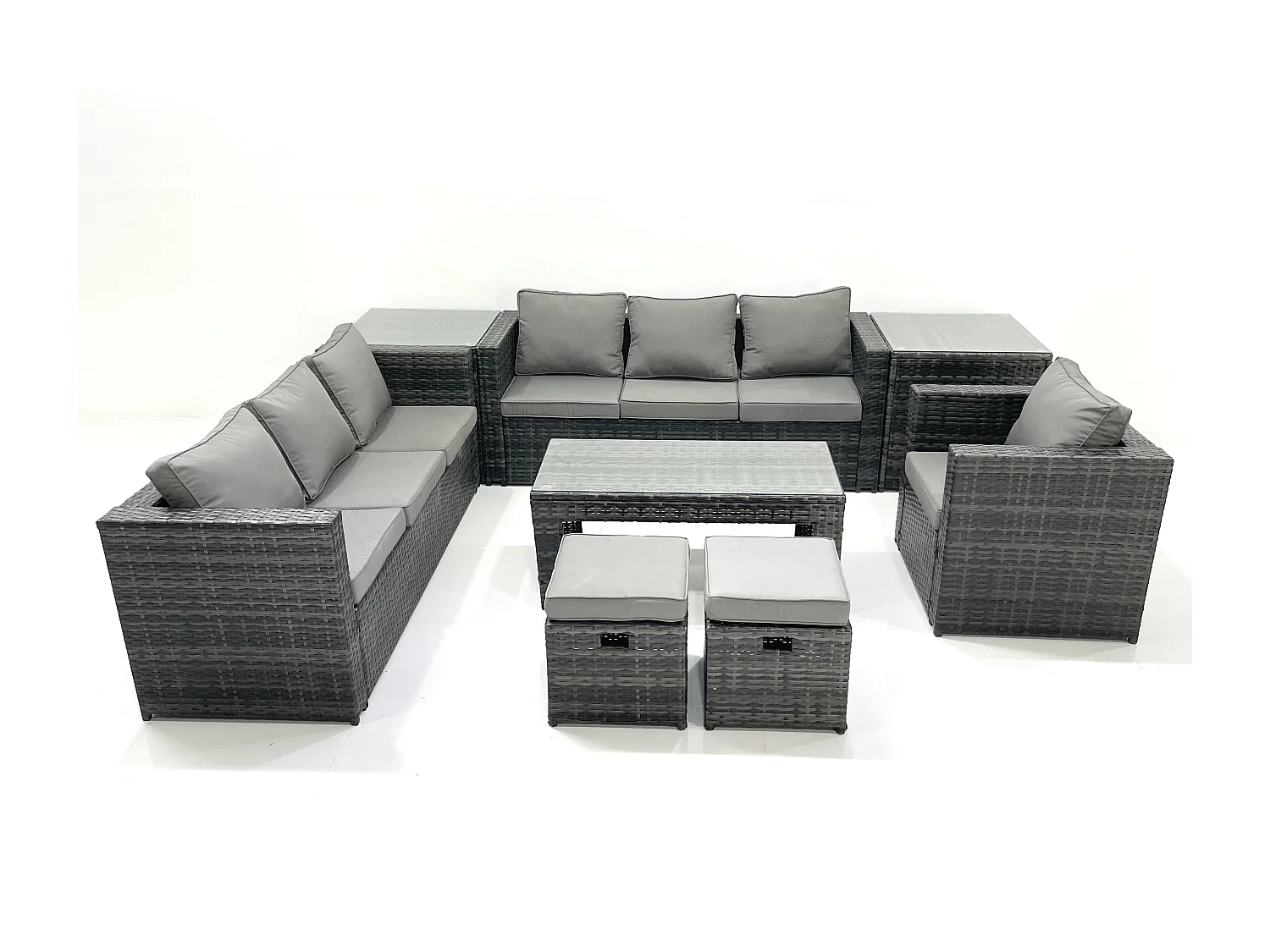 Fimous Rattan Garden Furniture Set Outdoor 9 Seater Patio Conversation Sets with Glass Top Coffee Table Stool 2 Side Tables