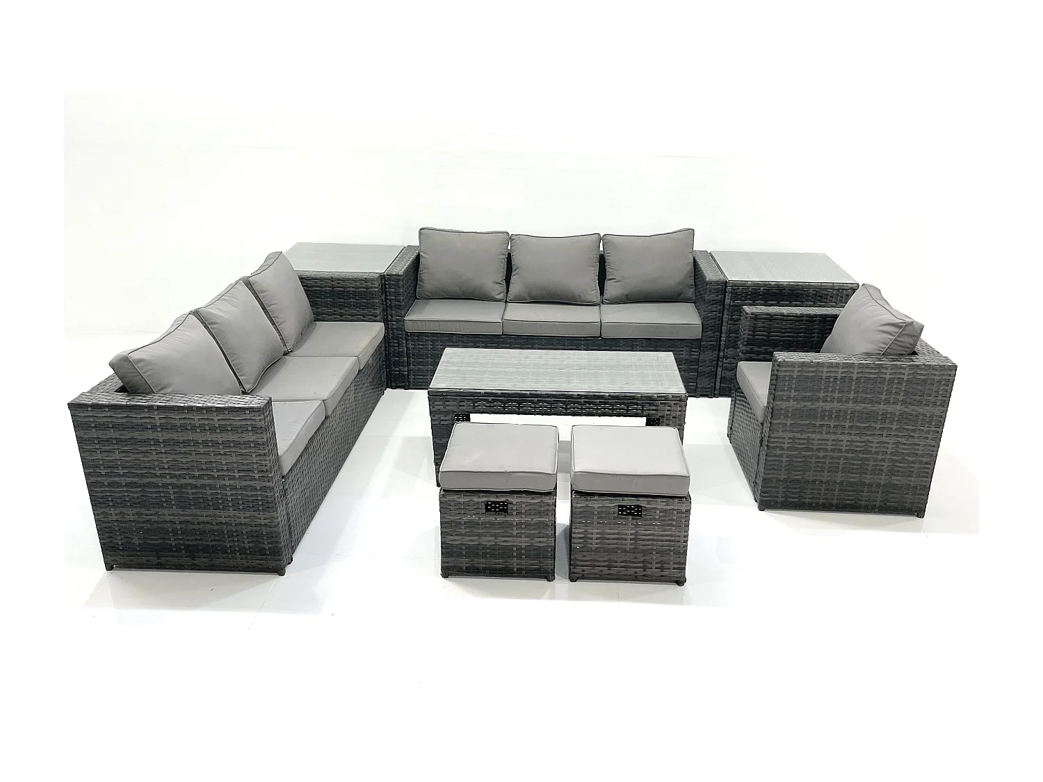 Fimous Rattan Garden Furniture Set Outdoor 9 Seater Patio Conversation Sets with Glass Top Coffee Table Stool 2 Side Tables