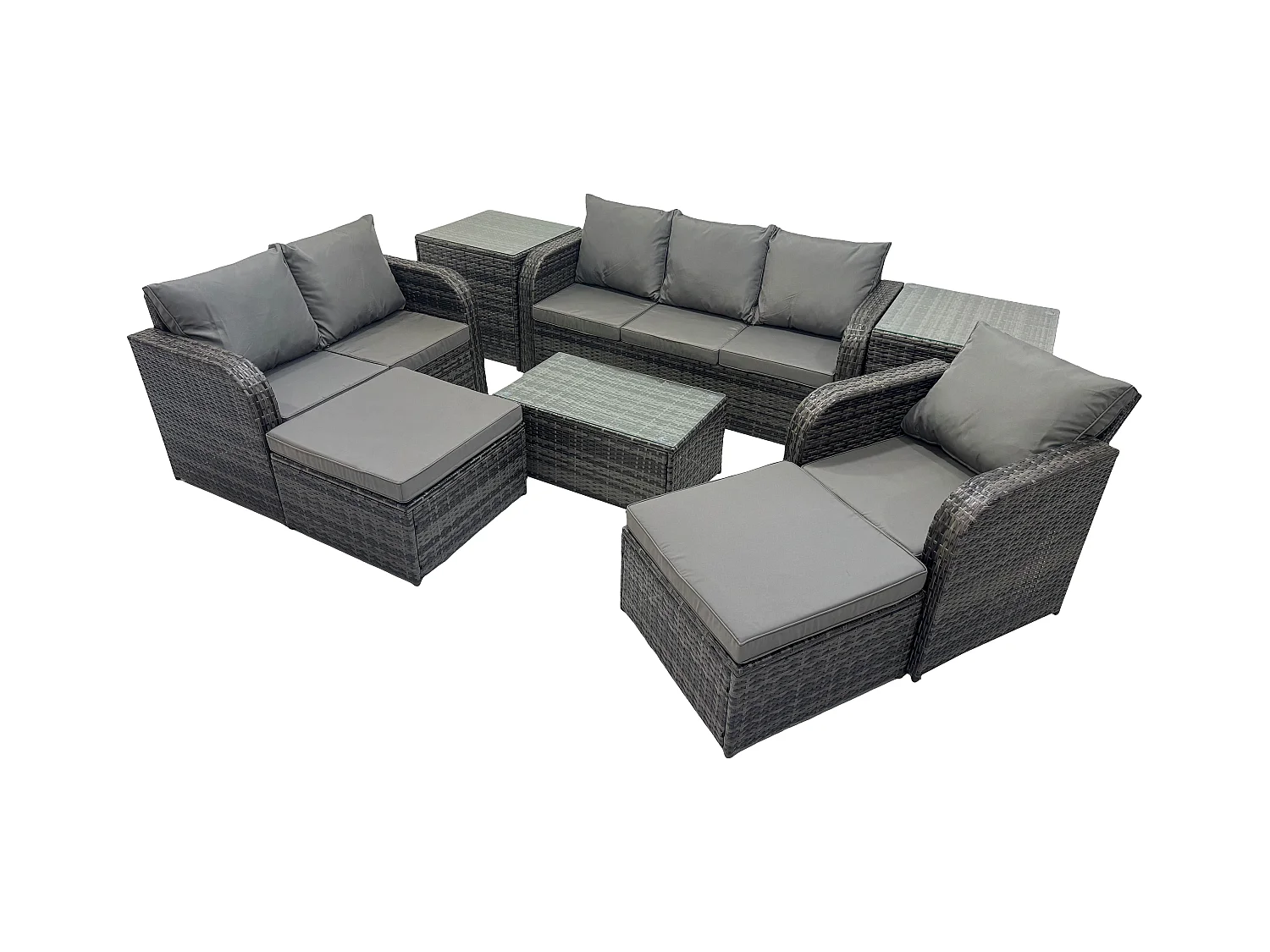 Ensemble de meubles de jardin en polyrotin 8 Pièces avec Table basse rectangulaire Canapé d'amour 2 Grand tabourets 2 Tables d'appoint