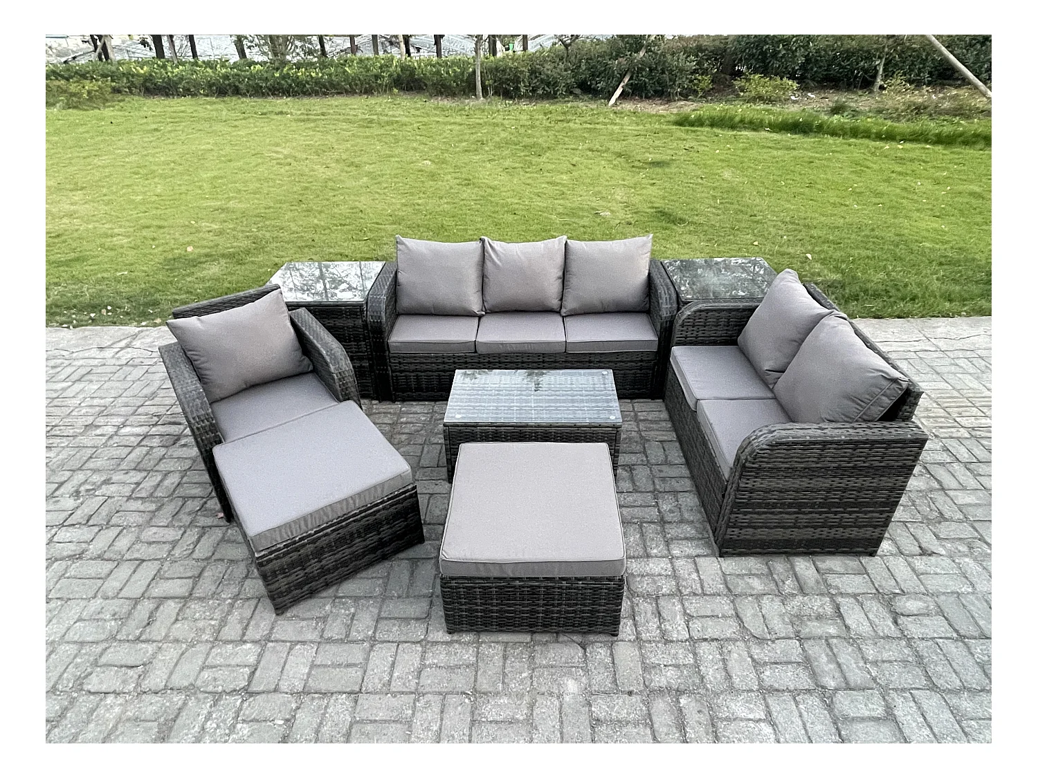 Ensemble de meubles de jardin en polyrotin 8 Pièces avec Table basse rectangulaire Canapé d'amour 2 Grand tabourets 2 Tables d'appoint