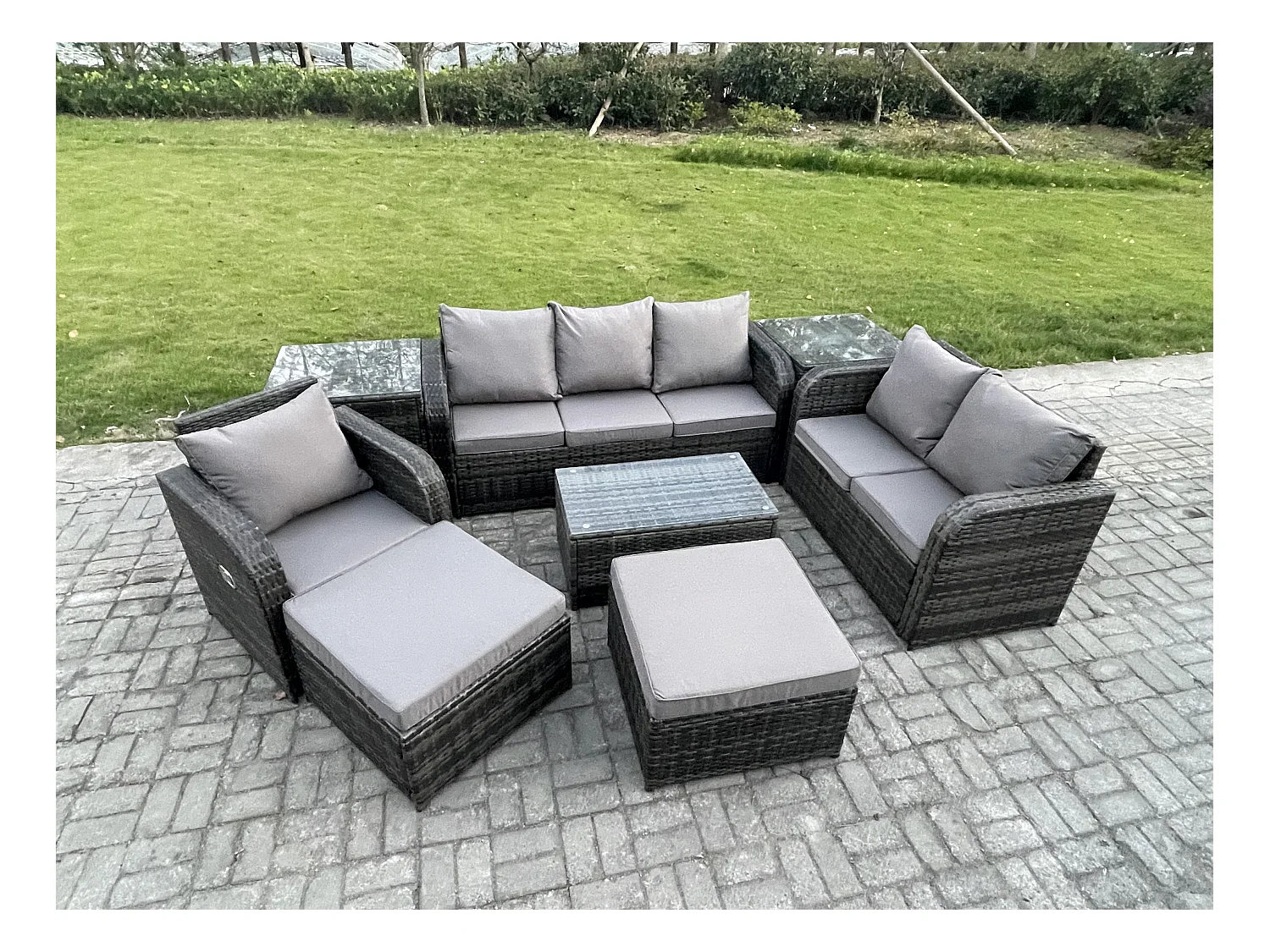 Ensemble de meubles de jardin en polyrotin 8 Pièces avec Table basse rectangulaire Canapé d'amour 2 Grand tabourets 2 Tables d'appoint