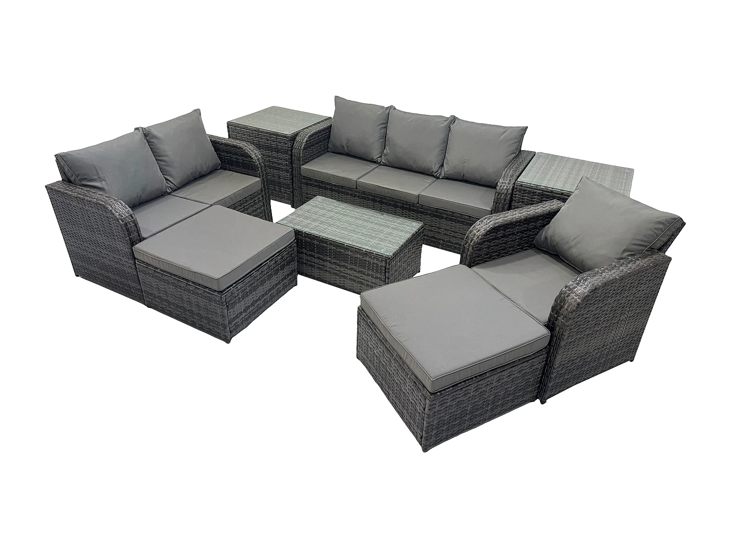Gartenmöbel-Sets 8 Stücke Polyrattan Möbel Sofa Sets mit Rechteckiger Couchtisch Loveseat Sofa 2 hohen Hockern 2 Beistelltischen