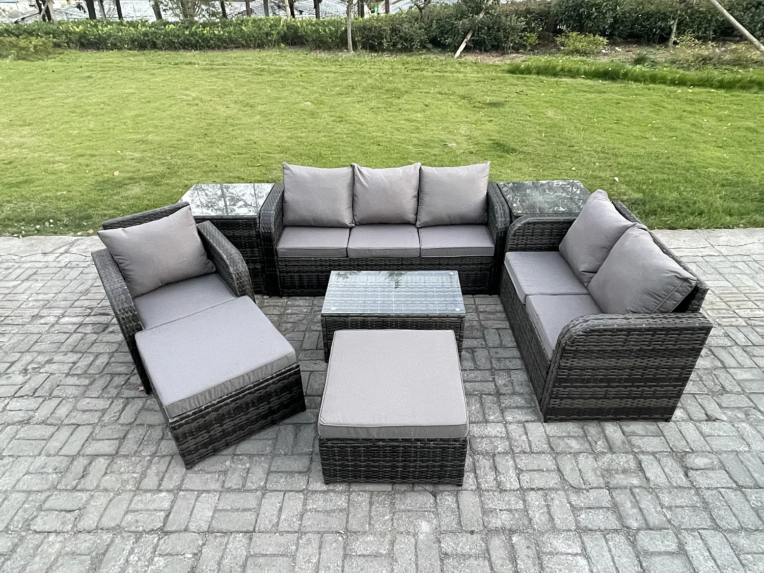 Gartenmöbel-Sets 8 Stücke Polyrattan Möbel Sofa Sets mit Rechteckiger Couchtisch Loveseat Sofa 2 hohen Hockern 2 Beistelltischen