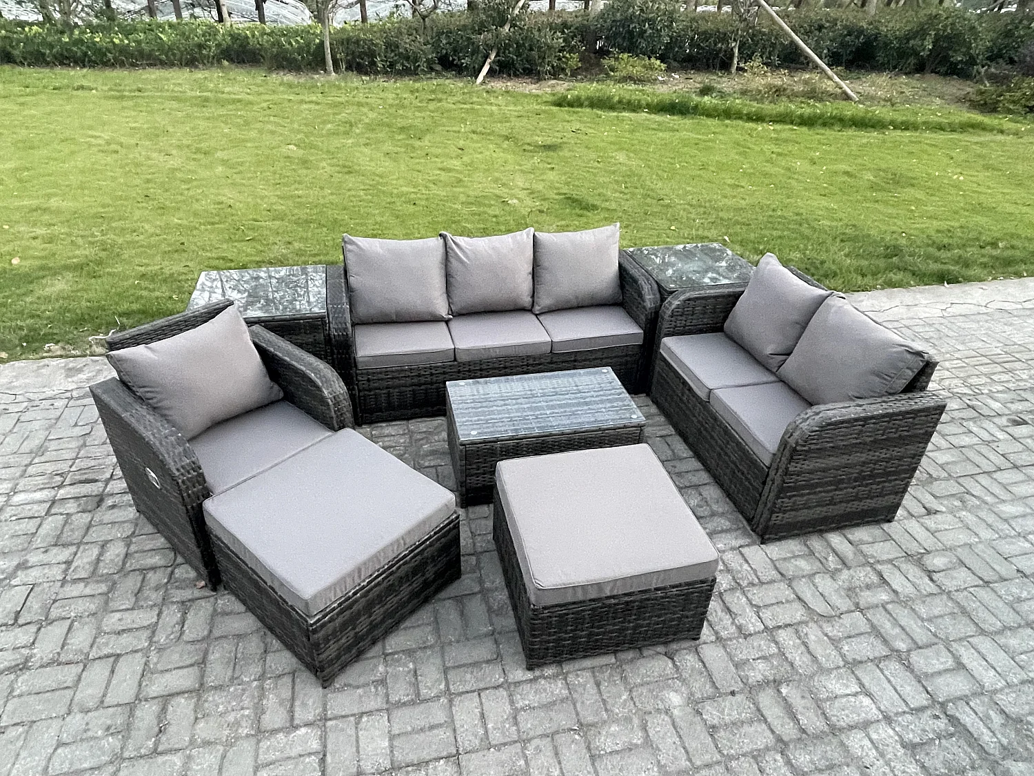 Gartenmöbel-Sets 8 Stücke Polyrattan Möbel Sofa Sets mit Rechteckiger Couchtisch Loveseat Sofa 2 hohen Hockern 2 Beistelltischen