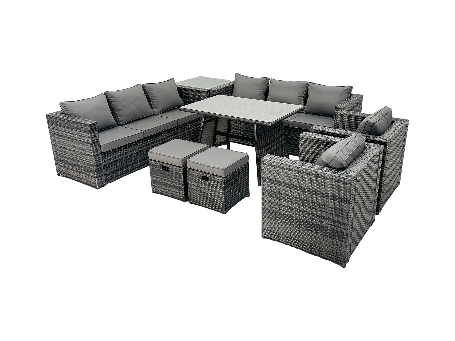 10-Sitzer Polyrattan Gartenmöbel Set im Balkon Lounge Sofa Garten Esstisch Set mit Beistelltisch Sesseln 2 Hockern Dunkelgrau Gemischt