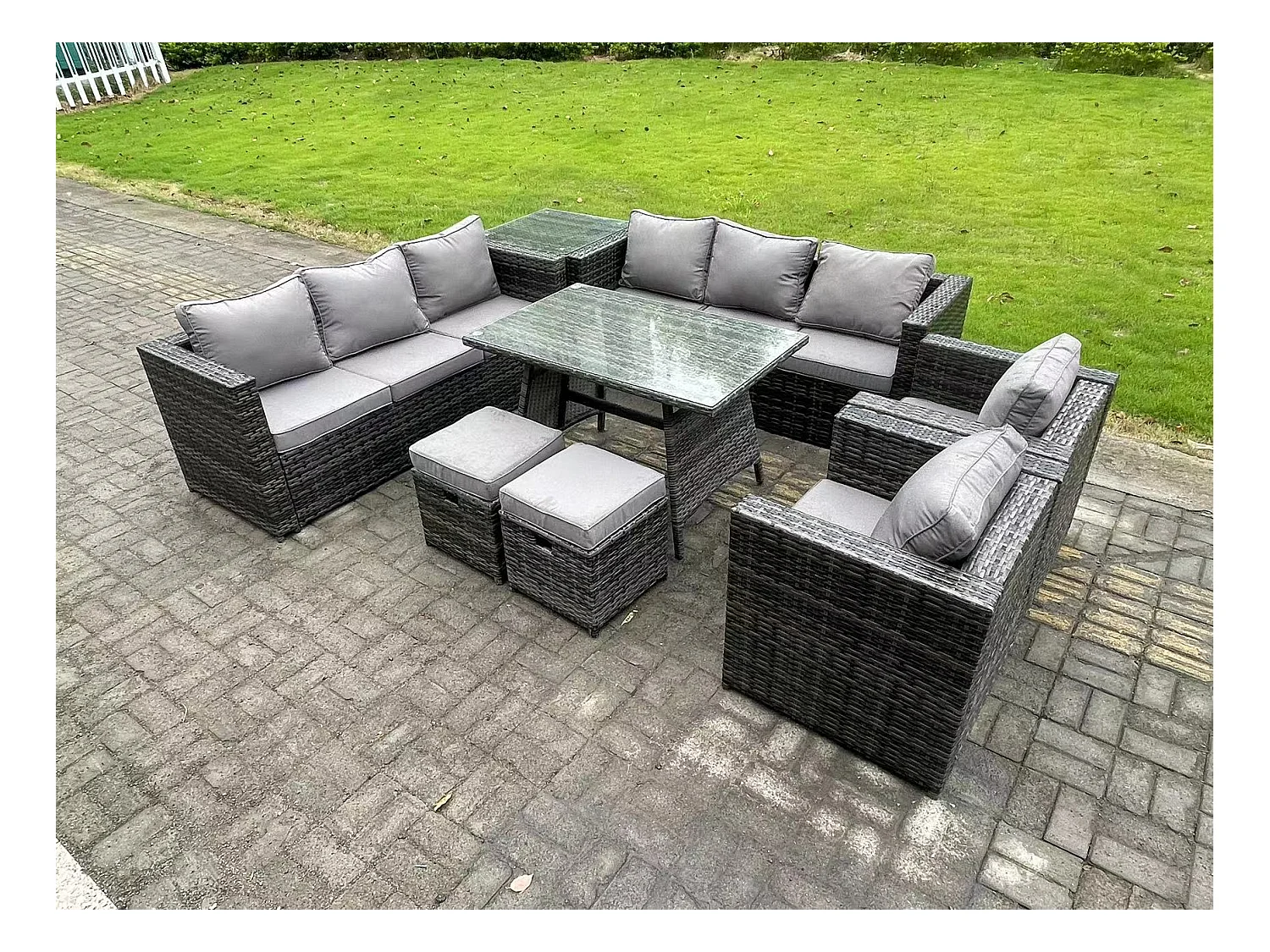 10-Sitzer Polyrattan Gartenmöbel Set im Balkon Lounge Sofa Garten Esstisch Set mit Beistelltisch Sesseln 2 Hockern Dunkelgrau Gemischt
