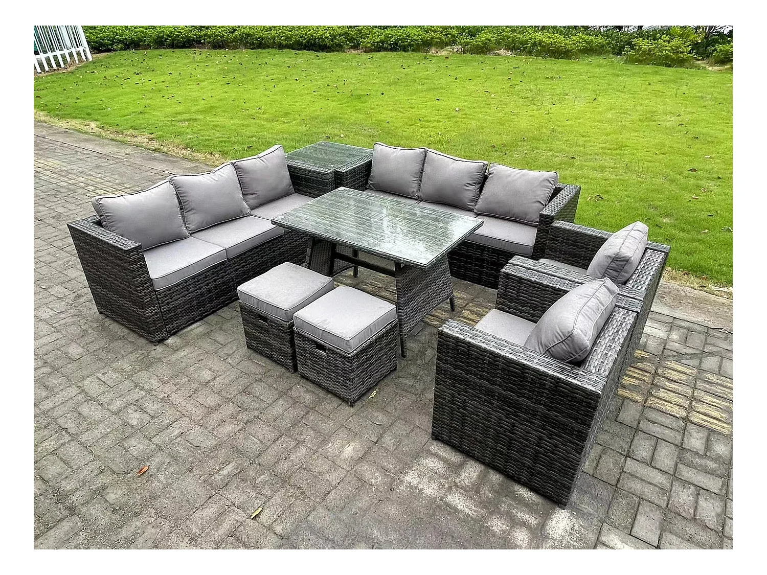 10-Sitzer Polyrattan Gartenmöbel Set im Balkon Lounge Sofa Garten Esstisch Set mit Beistelltisch Sesseln 2 Hockern Dunkelgrau Gemischt
