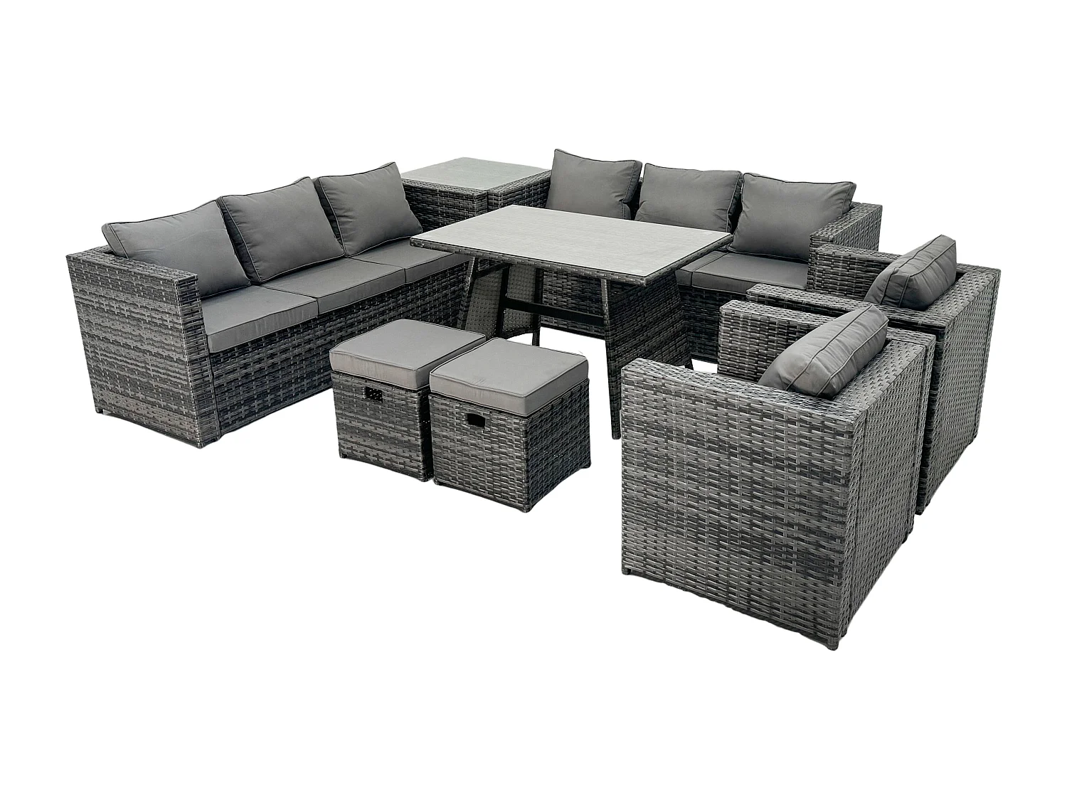 Fimous 10 Seater Wicker PE Rattan Outdoor Furniture Lounge Sofa Garden Dining Set with Dining Table Side Table Armchairs 2 Stools Dark Grey Mixed