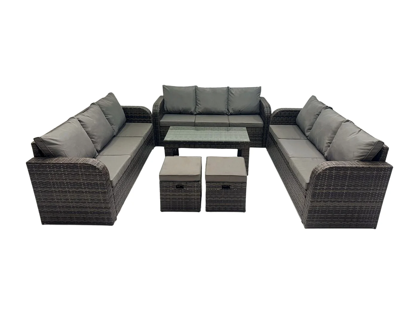 Polyrattan Gartenmöbel Set 11-Sitzer Patio Sofa Set mit Couchtisch 2 kleine Fußhockern 2 Beistelltischen Dunkelgrau Gemischt