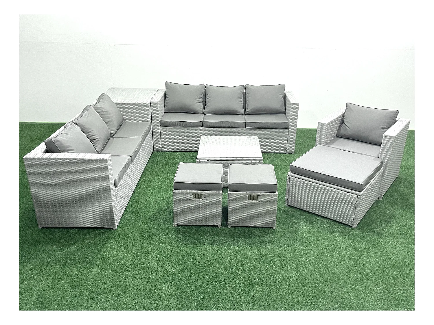 Meubles d'extérieur en rotin avec Fauteuil Table basse carrée 3 Tabourets Table d'appoint Gris clair mixte