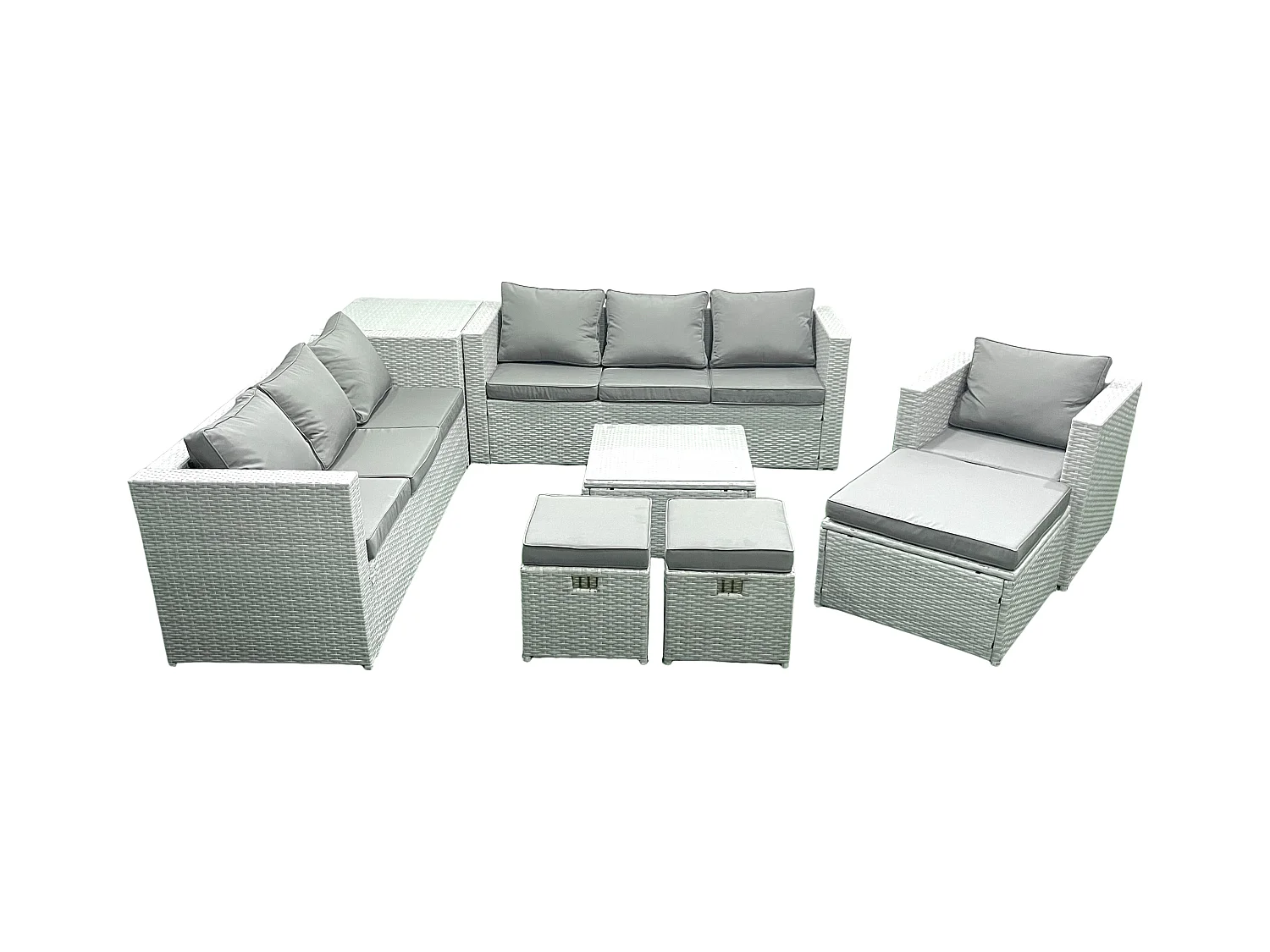 Polyrattan Sofa Gartenmöbel Set mit Sessel Quadratischer Couchtisch 3 Hockern Beistelltisch Hellgrau gemischt