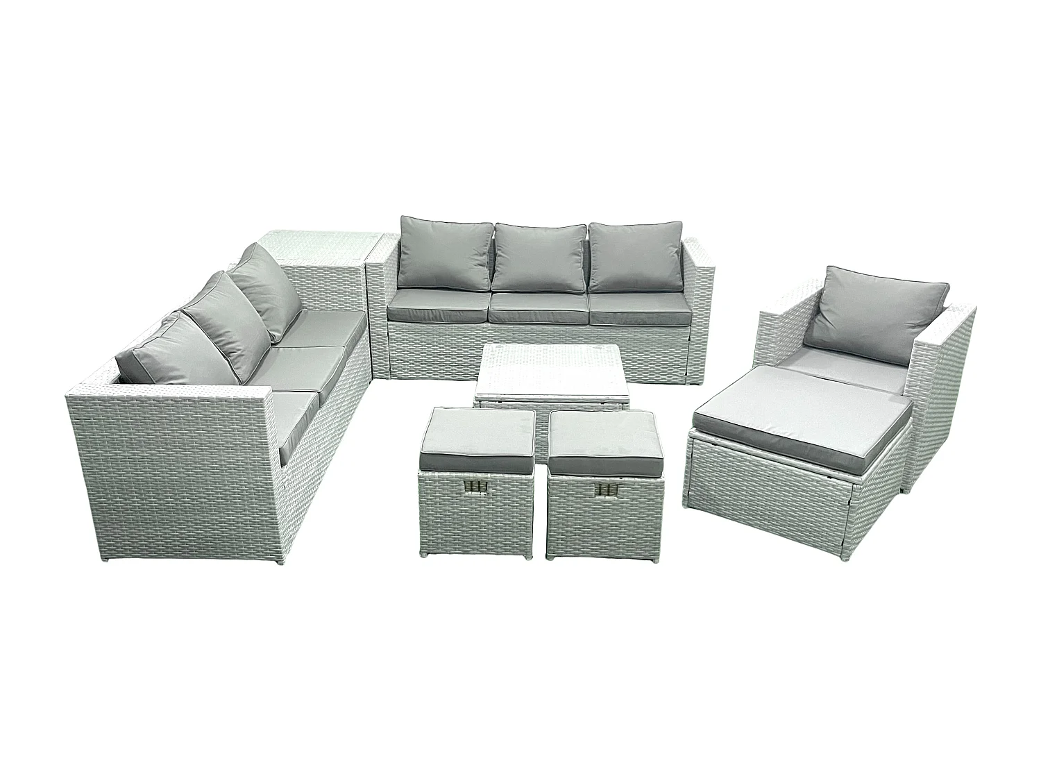 Polyrattan Sofa Gartenmöbel Set mit Sessel Quadratischer Couchtisch 3 Hockern Beistelltisch Hellgrau gemischt