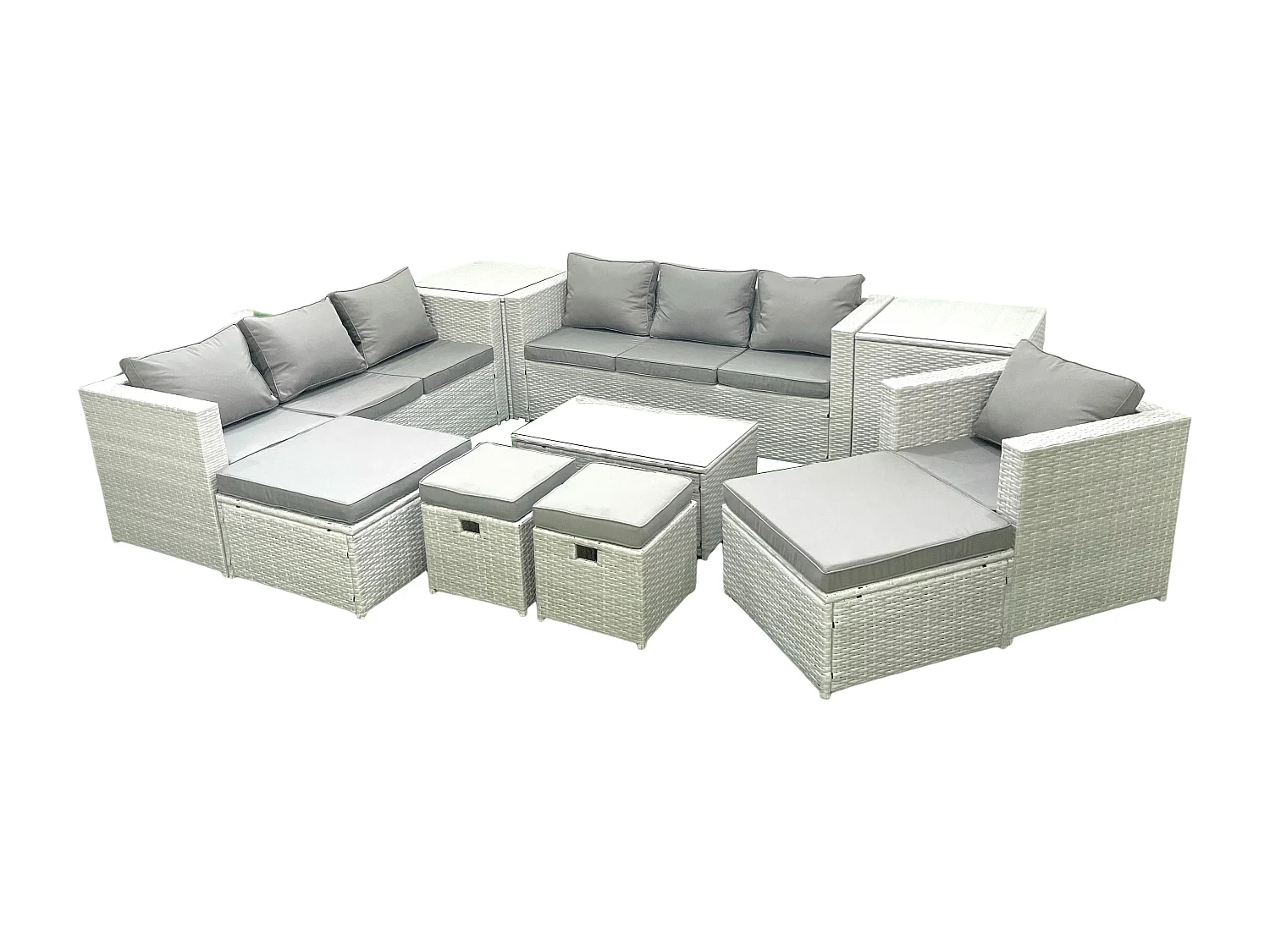 10 Stücke Rattan Gartenmöbel Set Garten Sofa Stuhl Couchtisch Set mit 2 Beistelltischen 4 Hockern Hellgrau gemischt