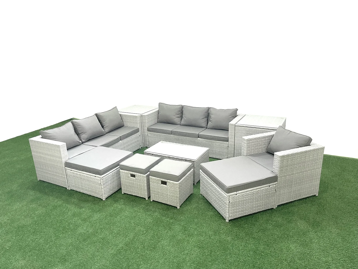 10 Stücke Rattan Gartenmöbel Set Garten Sofa Stuhl Couchtisch Set mit 2 Beistelltischen 4 Hockern Hellgrau gemischt