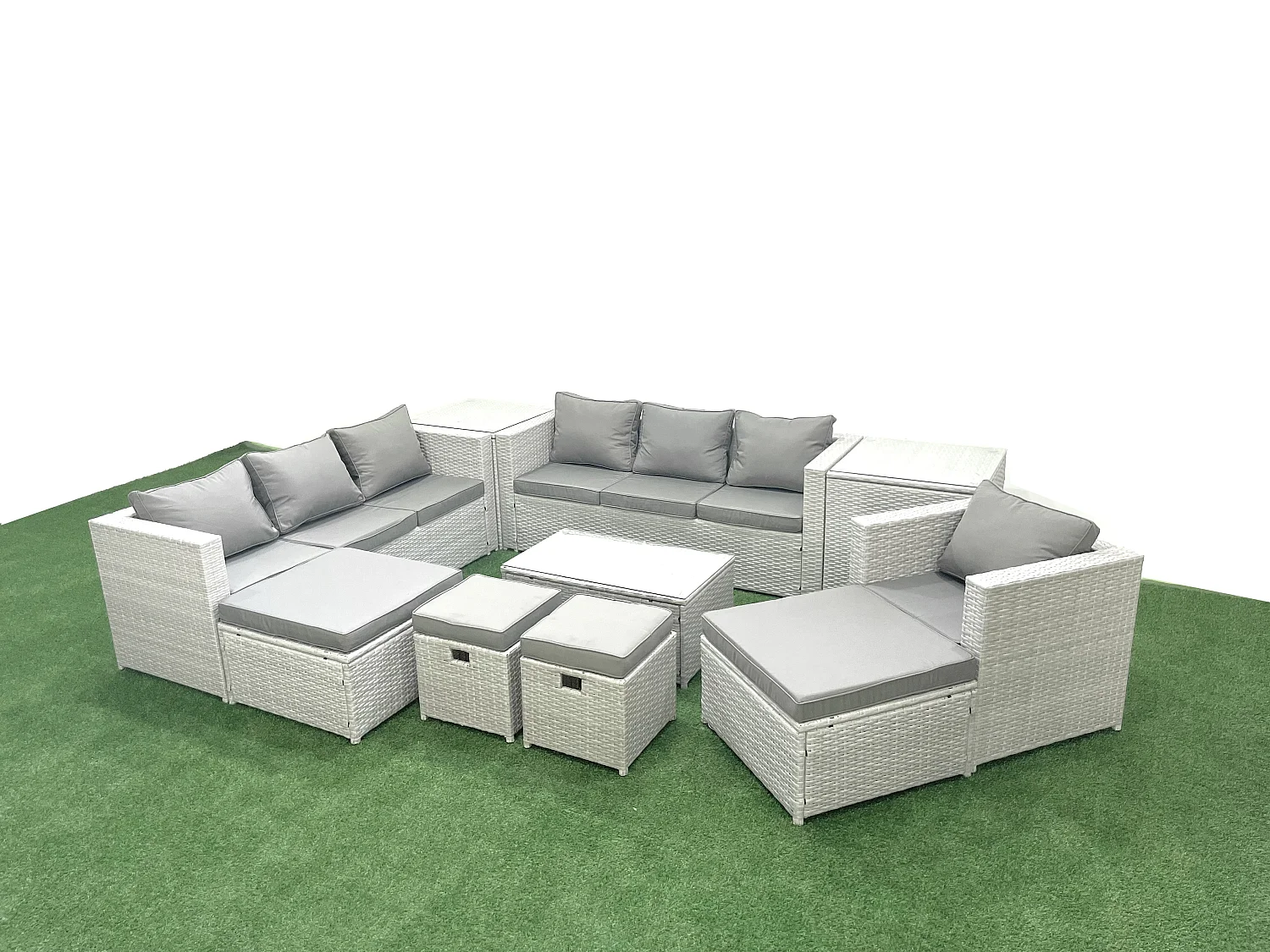 10 Stücke Rattan Gartenmöbel Set Garten Sofa Stuhl Couchtisch Set mit 2 Beistelltischen 4 Hockern Hellgrau gemischt