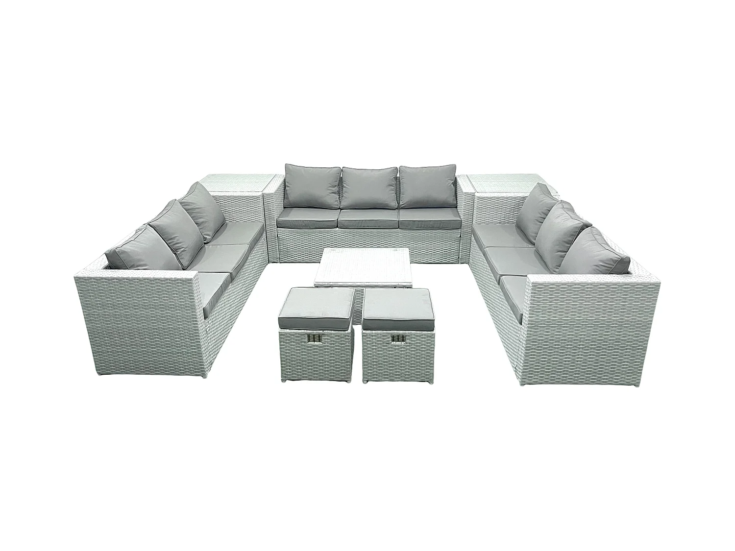 Gartenmöbel im Freien Polyrattan 11-Sitzer Rattan Garten Sofa Set mit 2 kleinen Hockern 2 Beistelltischen Hellgrau gemischt