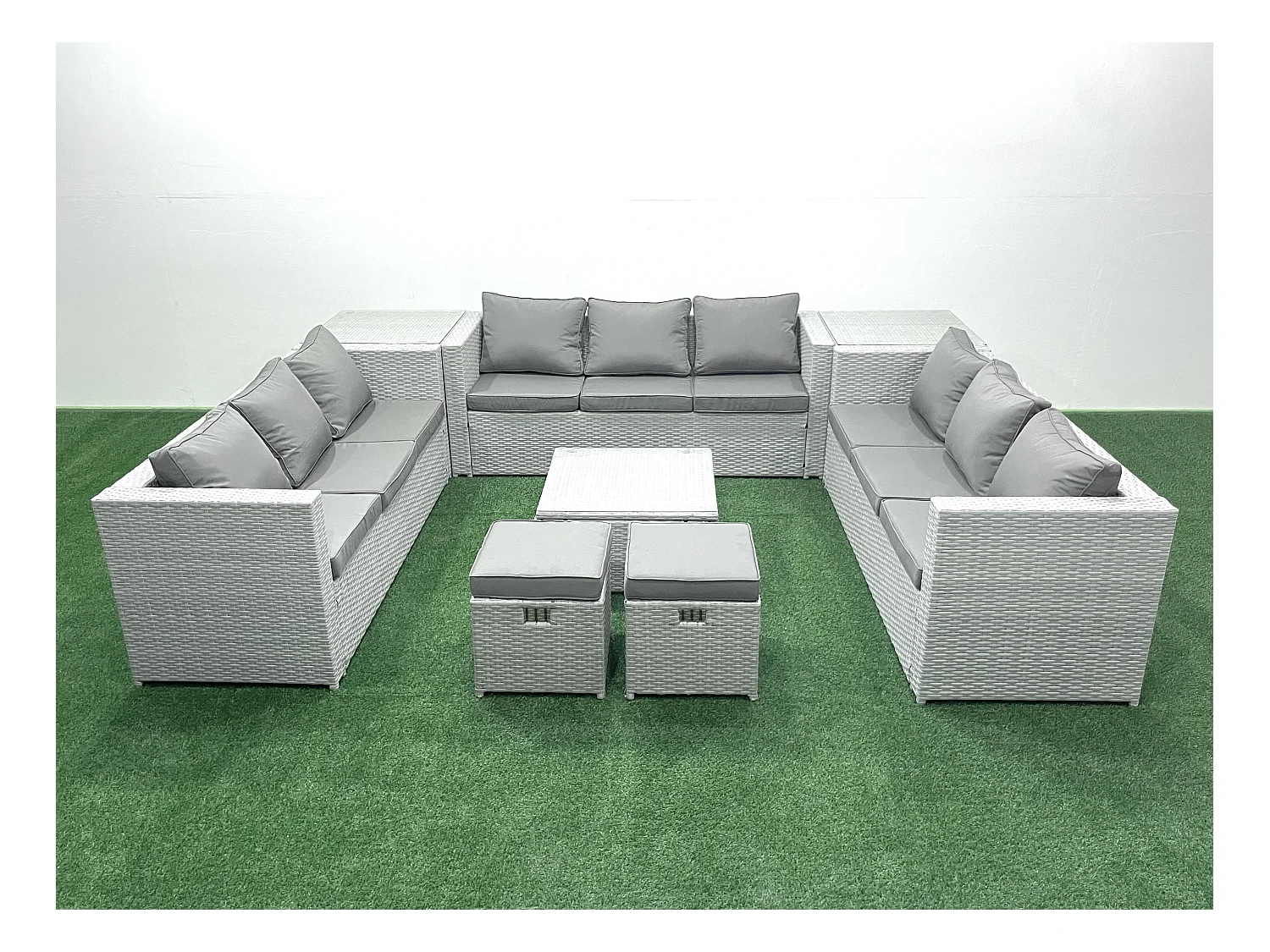 Gartenmöbel im Freien Polyrattan 11-Sitzer Rattan Garten Sofa Set mit 2 kleinen Hockern 2 Beistelltischen Hellgrau gemischt