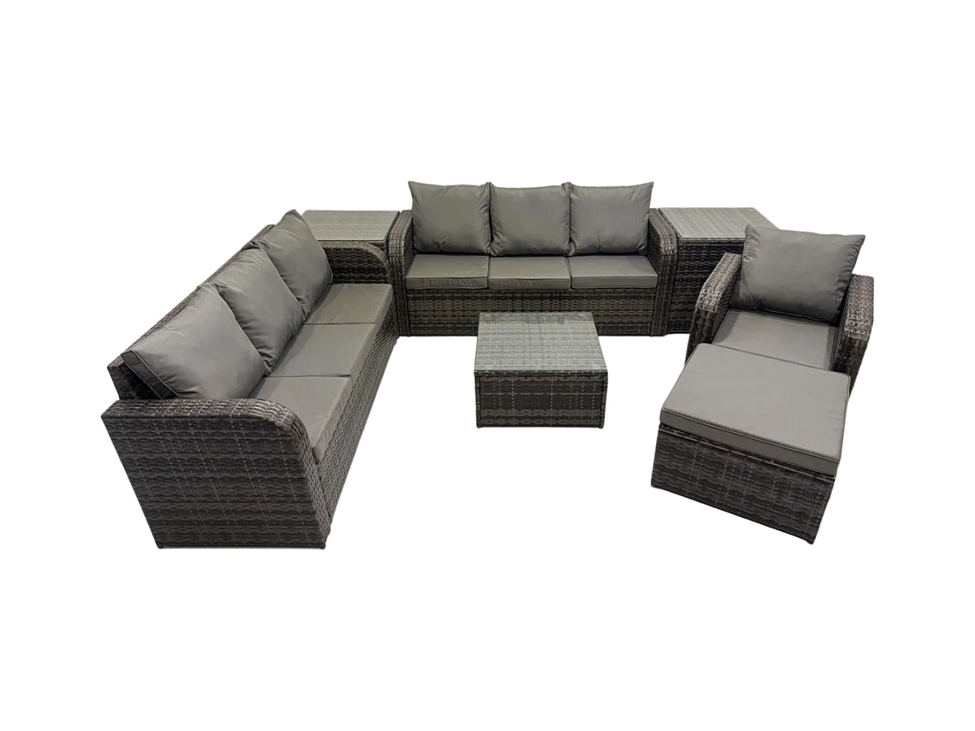 Salon de jardin exterieur avec Canapés Table basse carrée Chaise inclinable 2 Tables d'appoint Grand tabouret Gris foncé mixte