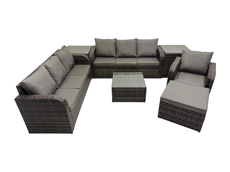 Salon de jardin exterieur avec Canapés Table basse carrée Chaise inclinable 2 Tables d'appoint Grand tabouret Gris foncé mixte