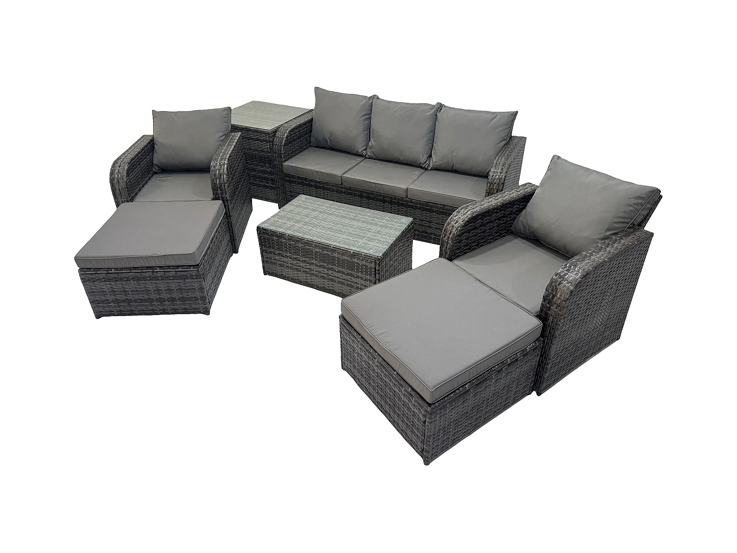7 places Salon de jardin avec Table basse rectangulaire 2 Grand tabourets Canapé 3 places Table d'appoint Gris foncé mixte