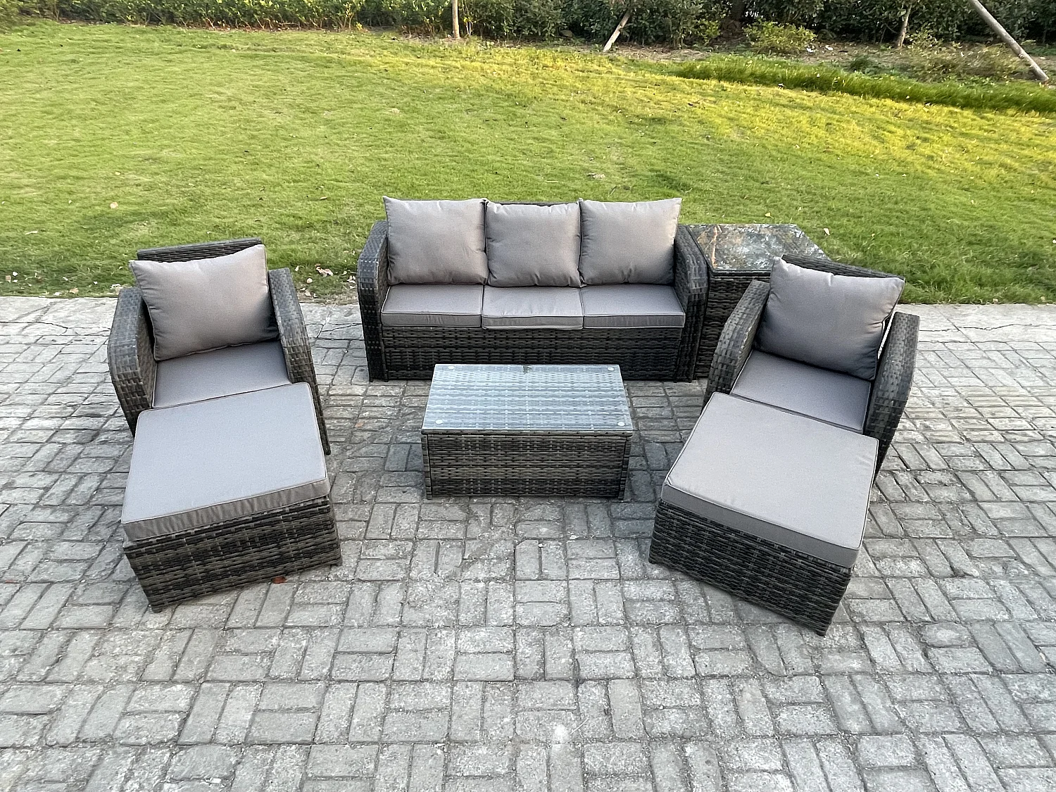7-Sitzer Polyrattan Gartenmöbel Set Polyrattan Garten Sofa im Freien Set mit Rechteckiger Couchtisch 2 hohen Hockern 3-Sitzer Sofa Beistelltisch Dunkelgrau Gemischt