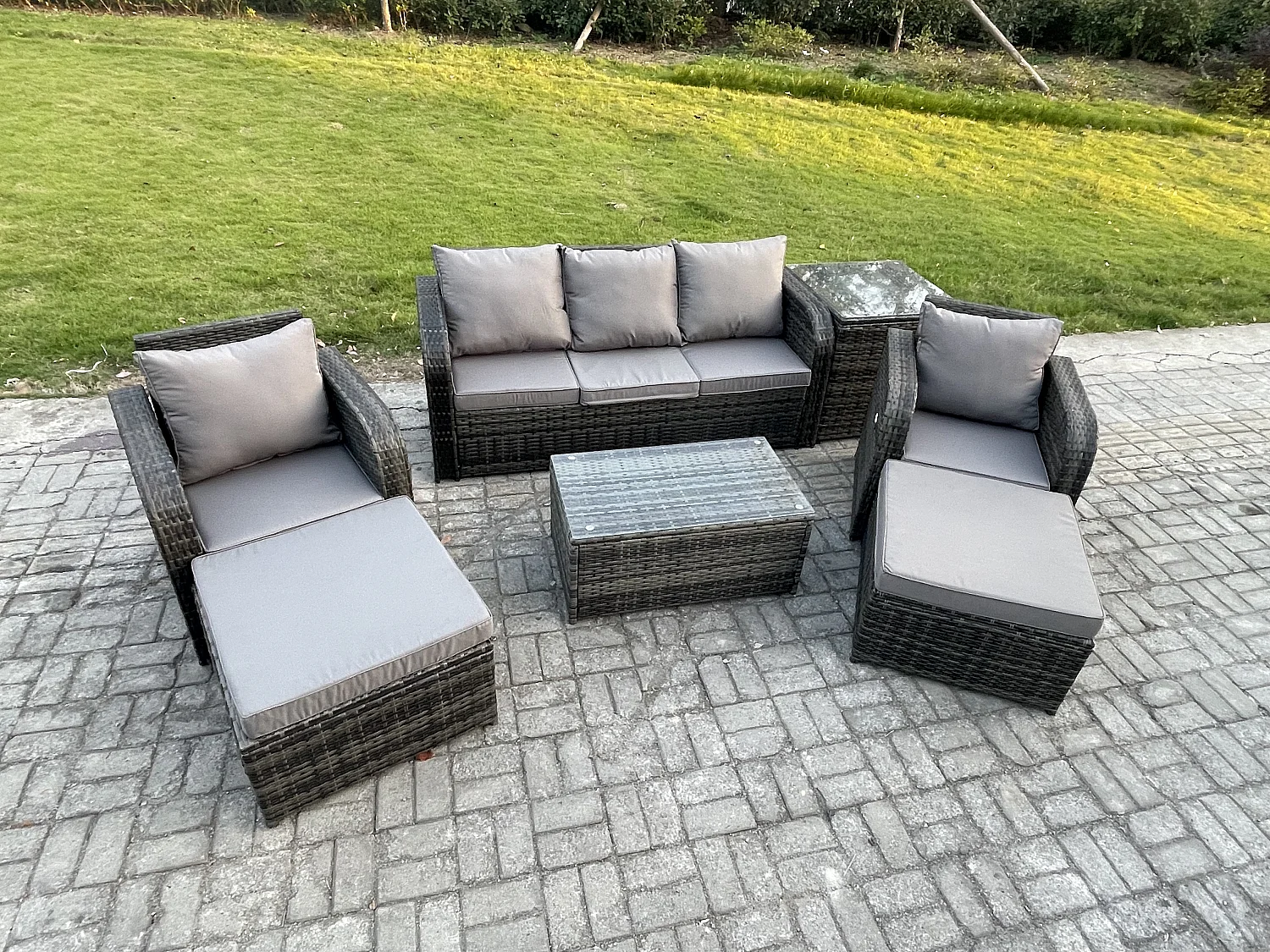 7-Sitzer Polyrattan Gartenmöbel Set Polyrattan Garten Sofa im Freien Set mit Rechteckiger Couchtisch 2 hohen Hockern 3-Sitzer Sofa Beistelltisch Dunkelgrau Gemischt