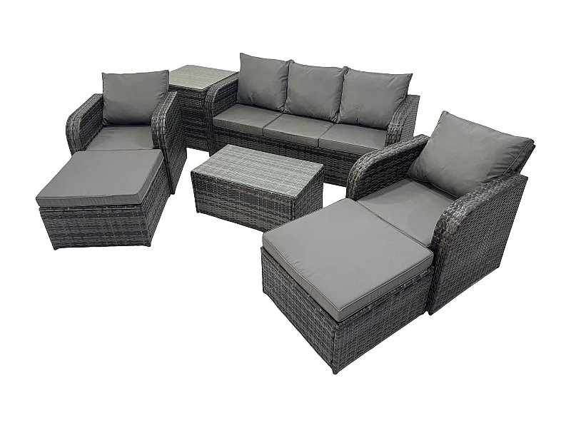 7-Sitzer Polyrattan Gartenmöbel Set Polyrattan Garten Sofa im Freien Set mit Rechteckiger Couchtisch 2 hohen Hockern 3-Sitzer Sofa Beistelltisch Dunkelgrau Gemischt