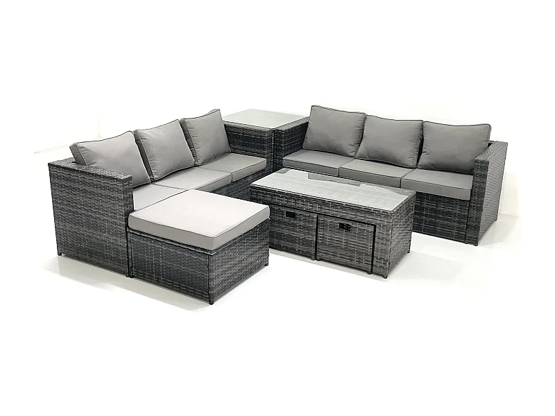 Salon de Jardin Extérieur avec Canapé Table basse 3 Tabourets Table d'appoint Gris foncé mixte