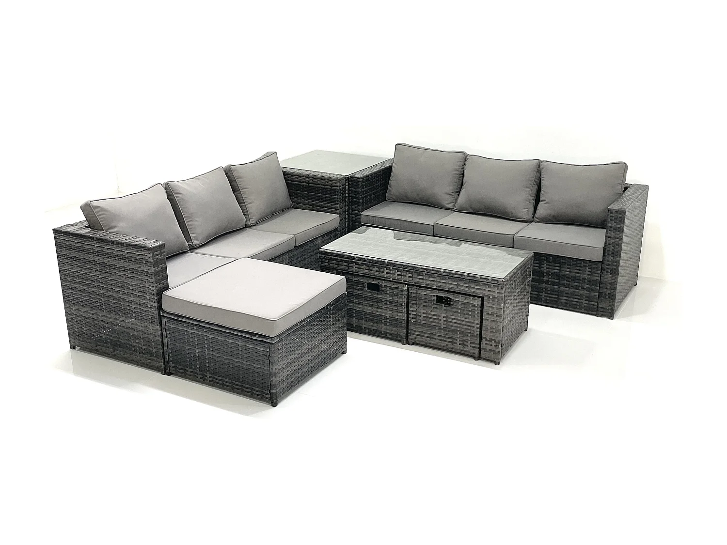 Garten Rattanmöbel Set mit Sofa Couchtisch 3 Hockern Beistelltisch Dunkelgrau Gemischt