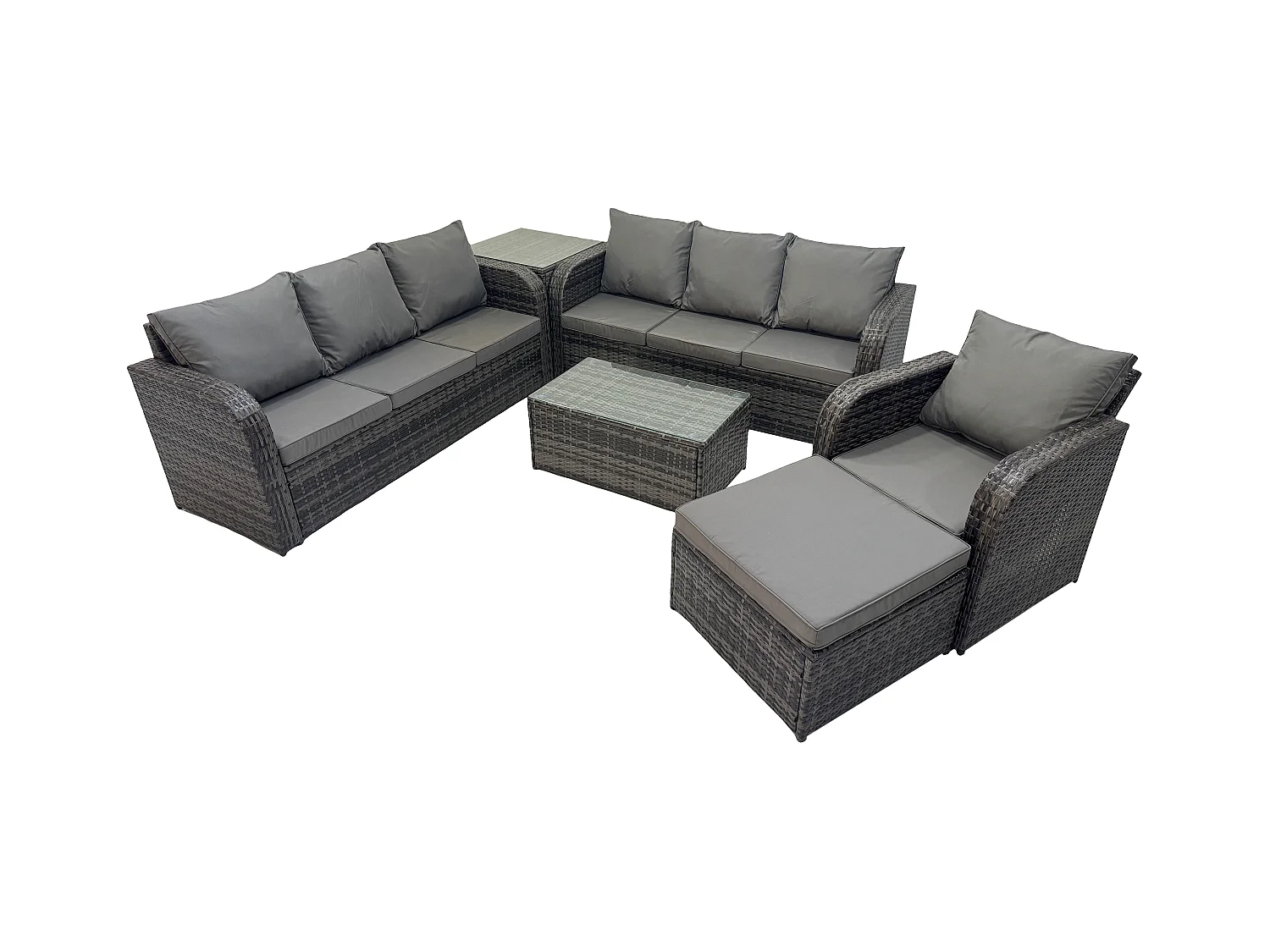 8 places Ensemble de canapés en rotin avec Canapé 3 places Chaise inclinable Canapé 3 places Grand tabouret Table d'appoint Gris foncé mixte