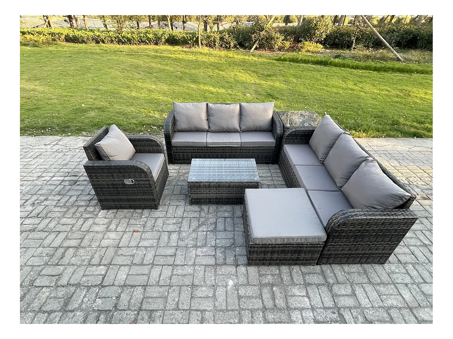 8 places Ensemble de canapés en rotin avec Canapé 3 places Chaise inclinable Canapé 3 places Grand tabouret Table d'appoint Gris foncé mixte