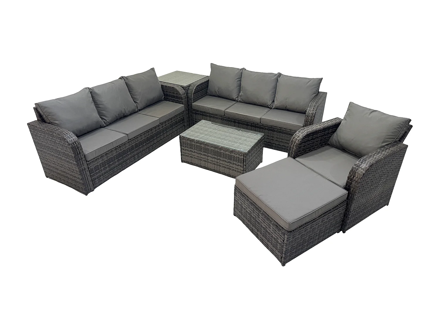 8-Sitzer Rattan Gartenmöbel Sofa Set Tisch & Stühle Set mit 3-Sitzer Sofa Liegestühle 3-Sitzer Sofa 2 Großer Hockern Beistelltisch Dunkelgrau Gemischt