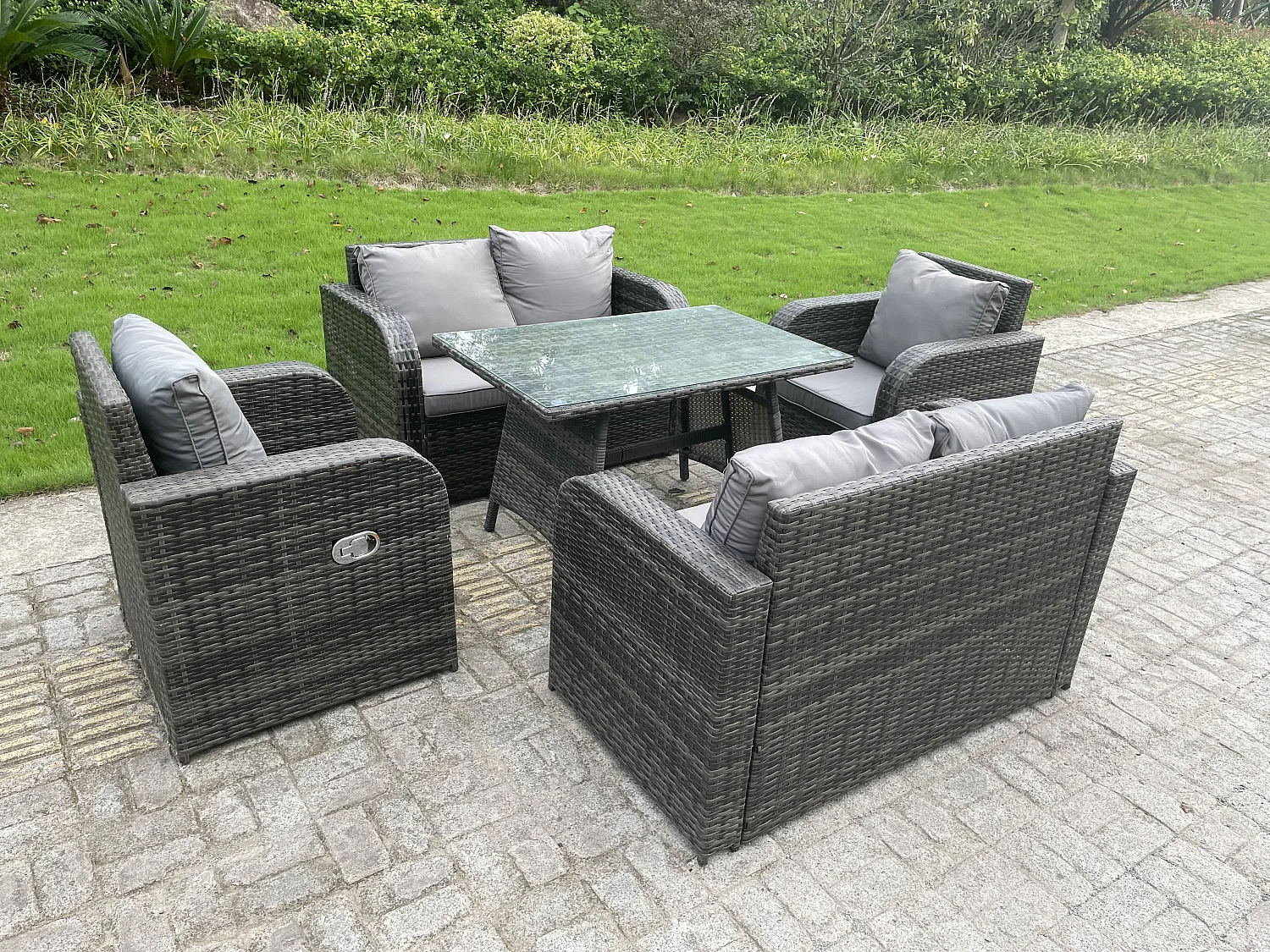 Polyrattan Gartenmöbel set mit Esstisch Liegestühle Love Sofa 6-Sitzer