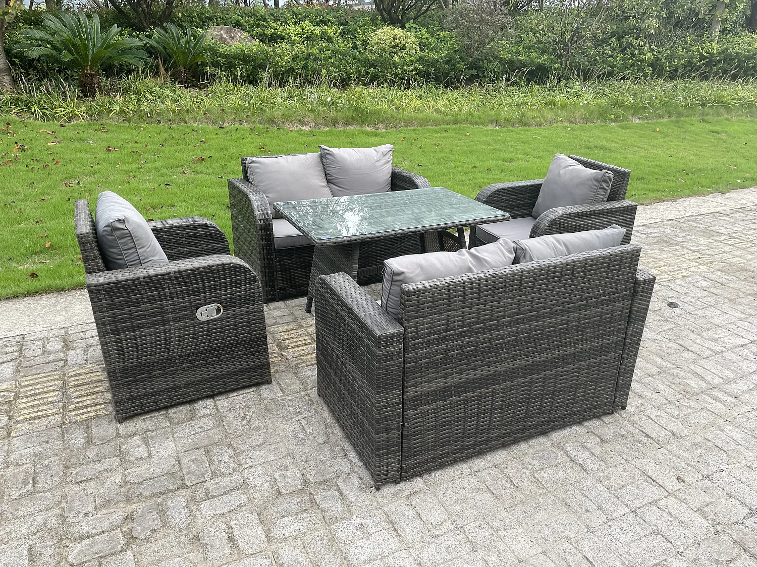 Polyrattan Gartenmöbel set mit Esstisch Liegestühle Love Sofa 6-Sitzer