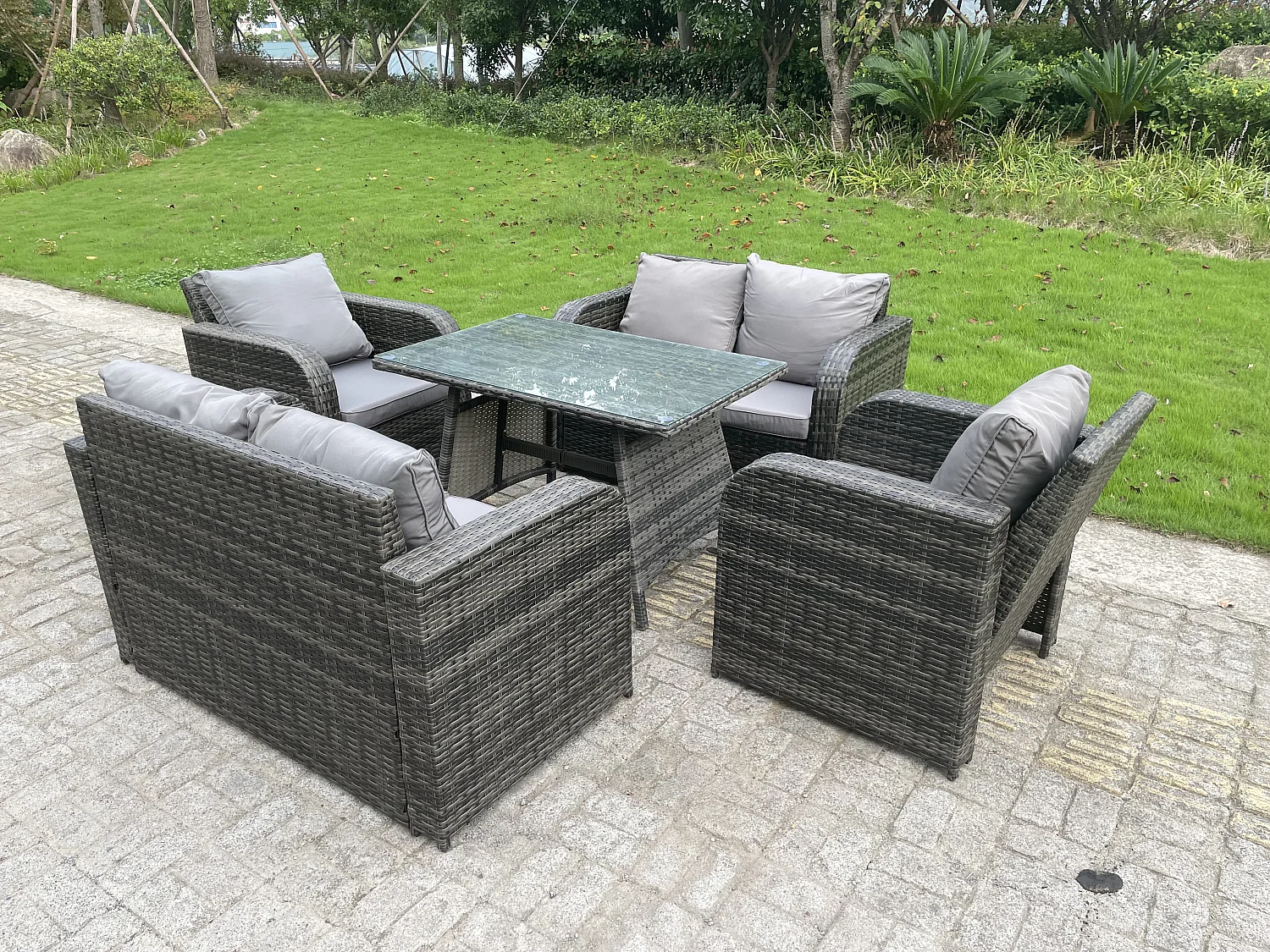 Polyrattan Gartenmöbel set mit Esstisch Liegestühle Love Sofa 6-Sitzer
