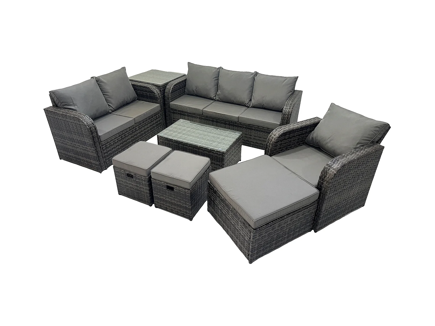 Ensemble de meubles de jardin en polyrotin 8 Pièces avec Table basse rectangulaire Canapé d'amour 3 Tabourets Table d'appoint