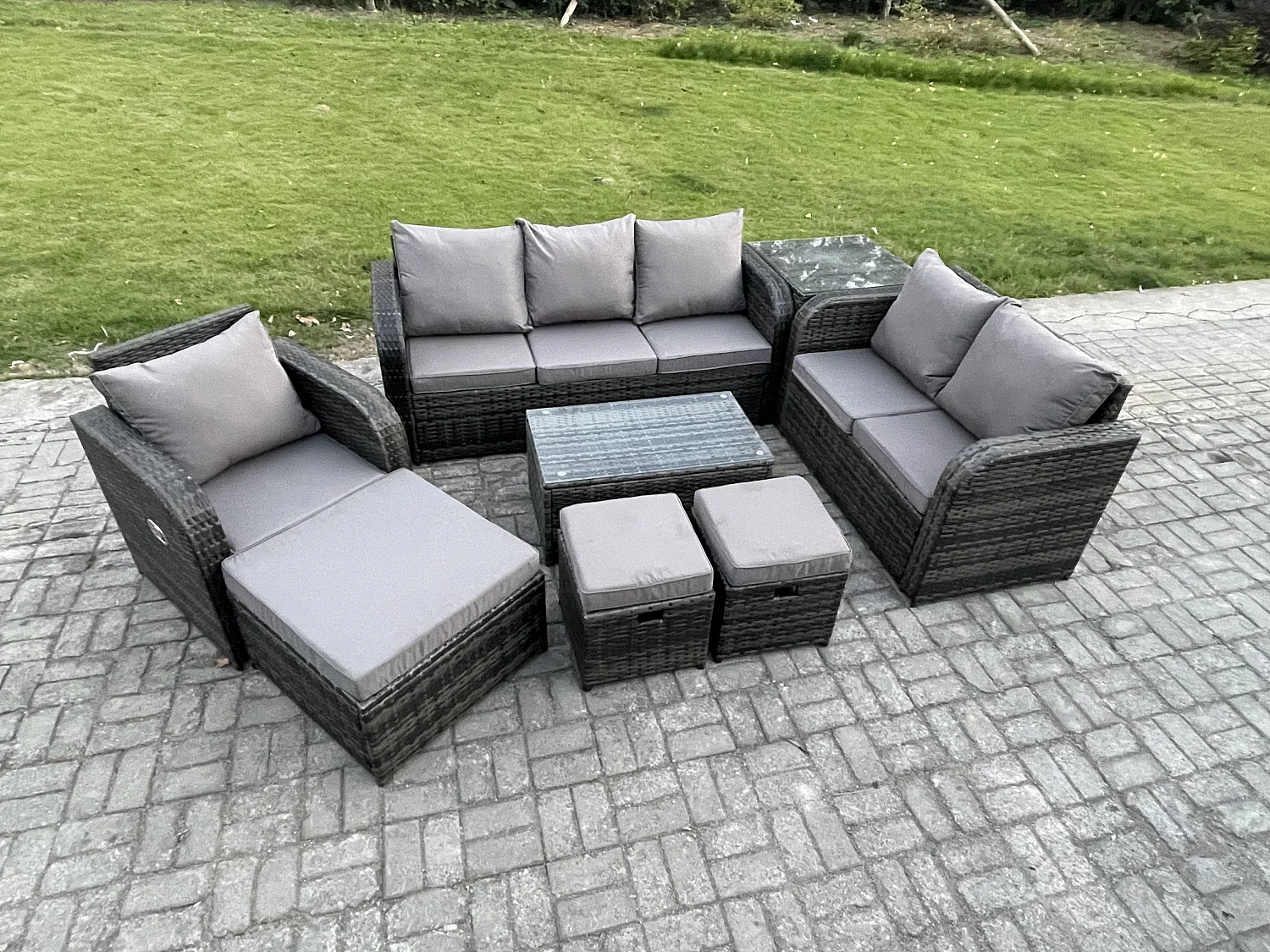 Ensemble de meubles de jardin en polyrotin 8 Pièces avec Table basse rectangulaire Canapé d'amour 3 Tabourets Table d'appoint