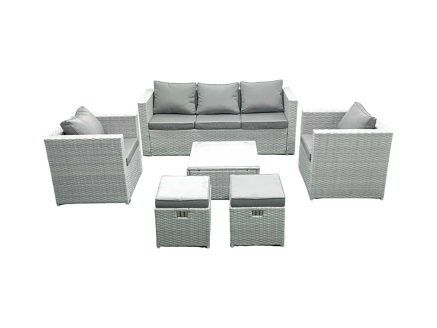 7 places Salon de jardin avec Canapé 3 places 2 Chaise Table basse carrée 2 Petits tabourets Gris clair mixte