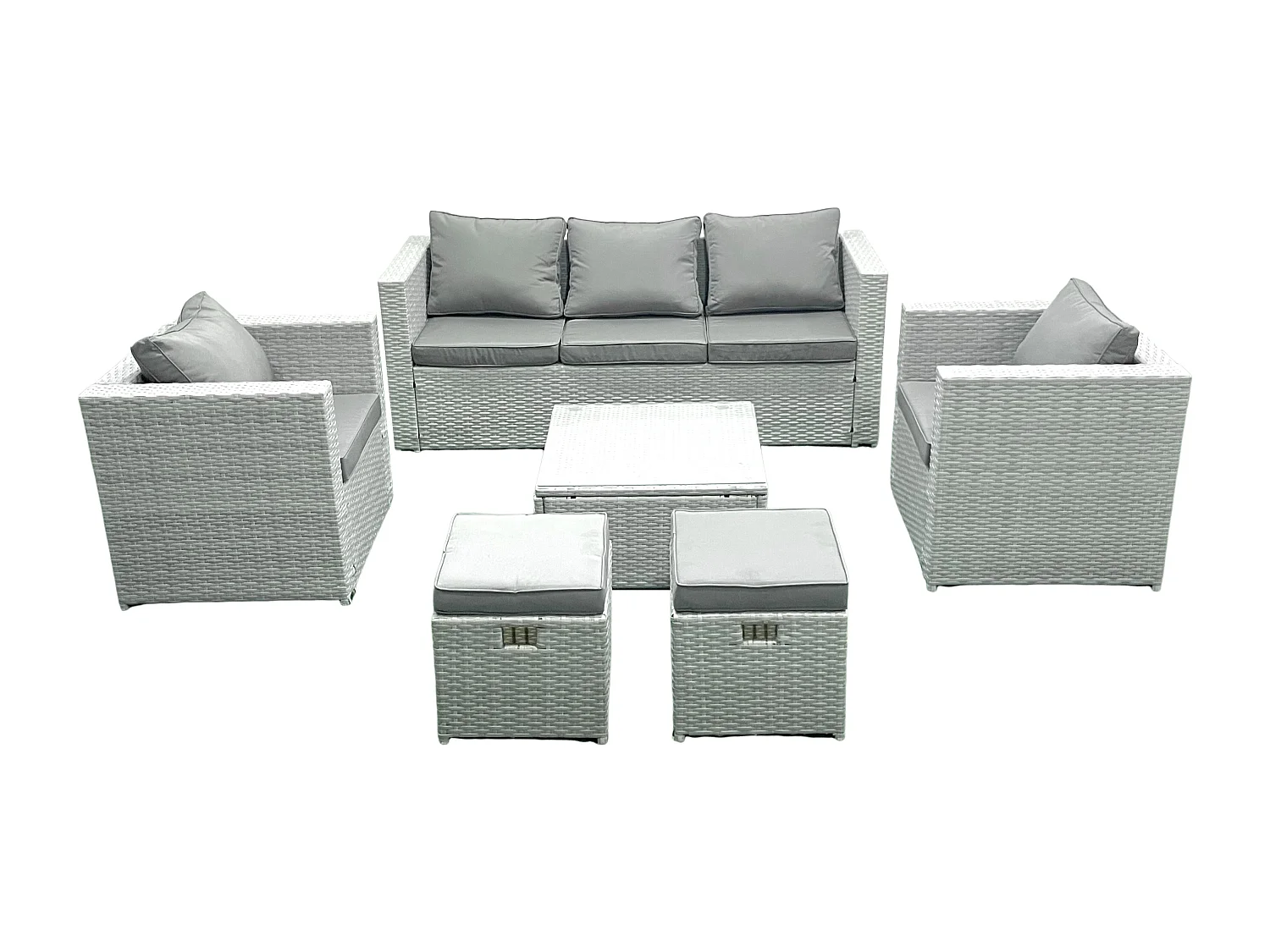7-Sitzer Polyrattan Gartenmöbel Set mit 3-Sitzer Sofa 2 Sesseln Quadratischer Couchtisch 2 kleine Fußhockern Hellgrau gemischt